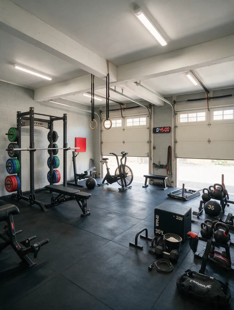CrossFit home gym built in a two-car garage