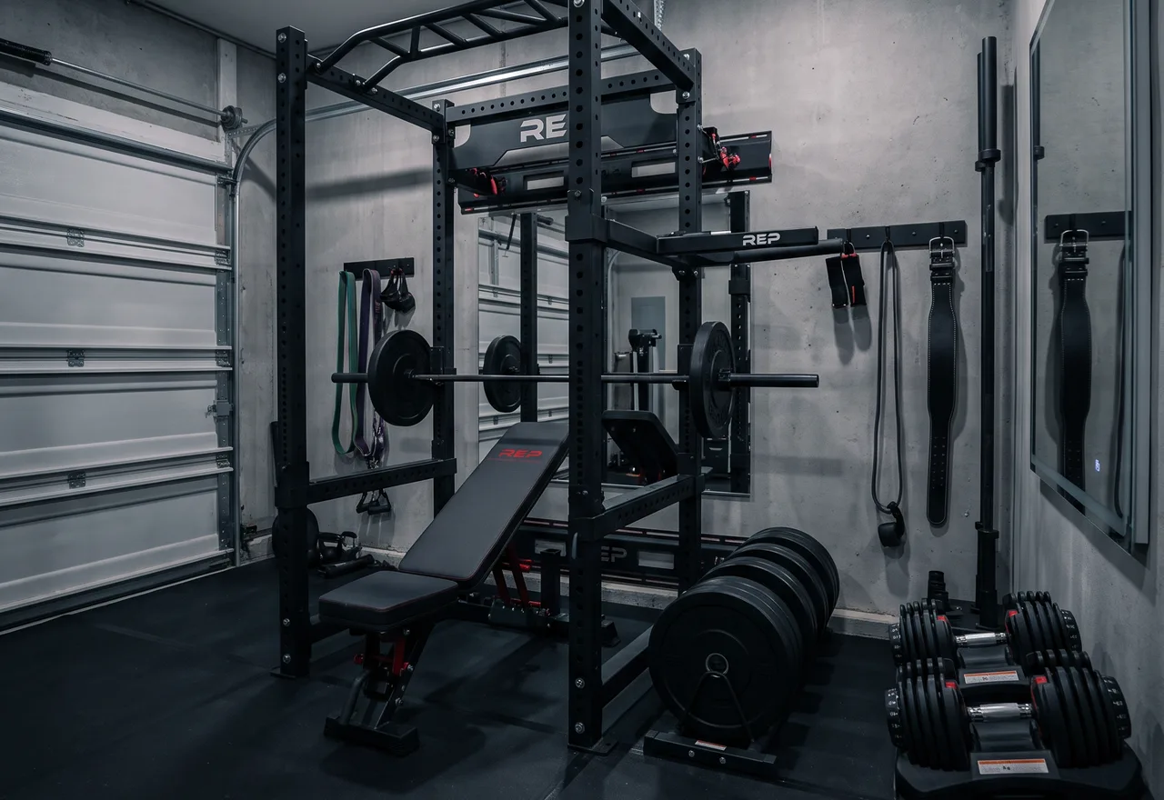 Bodybuilding home gym built in a one-car garage