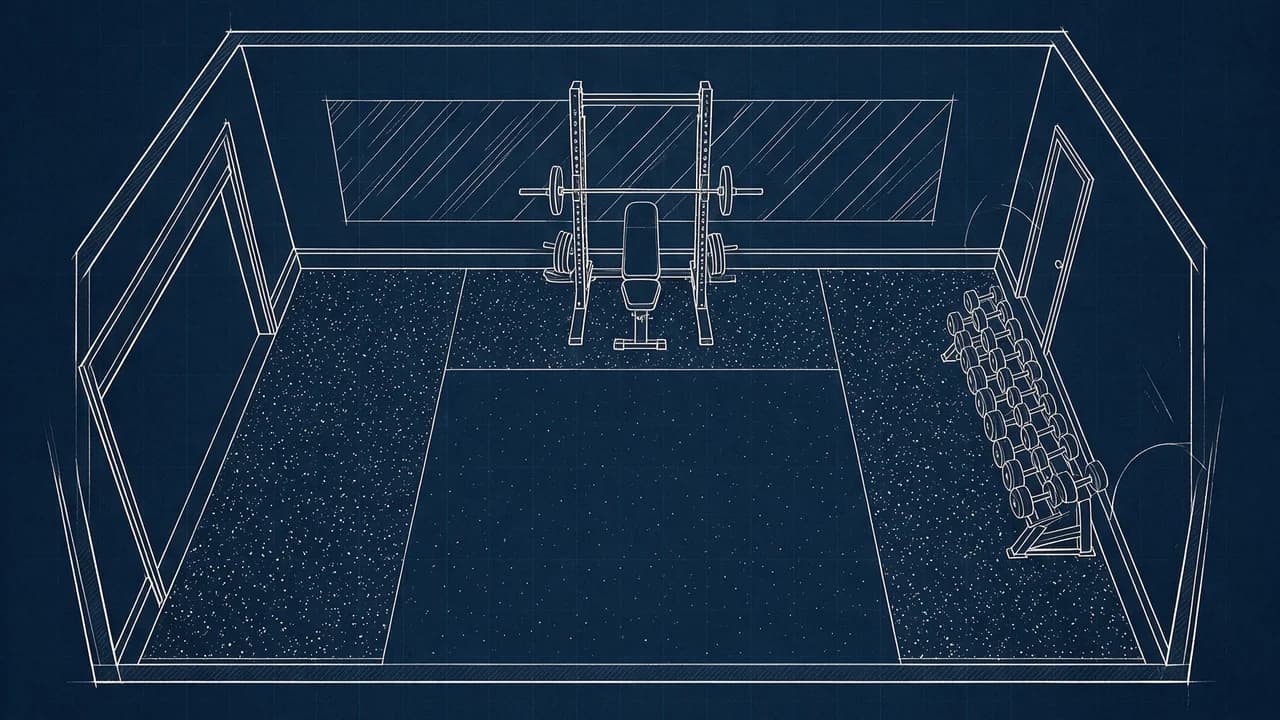 Blueprint sketch of the garage gym seen from inside: power rack with barbell and bench against the back wall, dumbbell rack on the right, rubber flooring