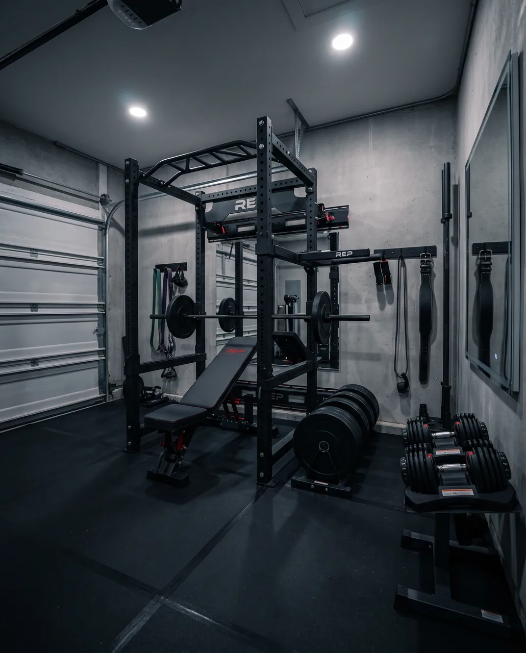 Home gym set up in a one-car garage
