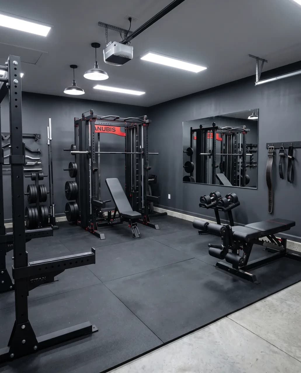 Home gym set up in a two-car garage